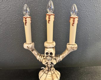 Vintage Gemmy Halloween Skull Candelabra - 3 Candle Light - 1990s