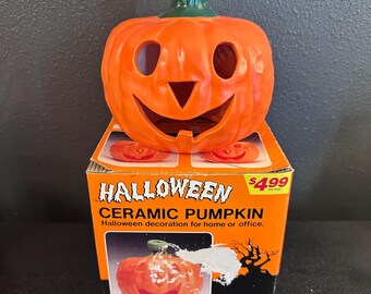 Vintage Halloween Ceramic Pumpkin Candle Holder Jack O Lantern with Original Box