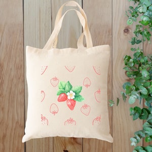 Strawberry Tote Bag, Aesthetic Pattern Tote Bag, Cotton Canvas Tote, Market Grocery Tote Bag, Beach Tote Bag, Cute Gift For Strawberry Lover