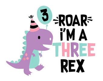 3rd Birthday Dinosaur Girl T-Rex Matching Family Party Three Digital PNG.
