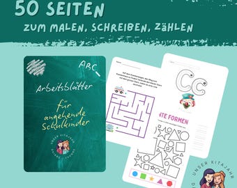 May include: A collection of children's educational worksheets. The cover is a dark green chalkboard with the text "Arbeitsblätter für angehende Schulkinder". Other pages include mazes, shape recognition, and letter tracing. The text "50 SEITEN ZUM MALEN, SCHREIBEN, ZÄHLEN" is at the top.