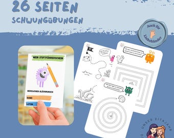 Può includere: Un set di fogli di attività per bambini con il testo "26 SEITEN SCHWUNGÜBUNGEN". I fogli presentano tracciamento di linee, labirinti e un certificato con un'illustrazione di mostro. Include un sigillo che dice "Auch für Linkshänder".
