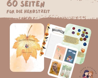 Può includere: Un set di carte illustrate e una copertina di libro con il testo "60 SEITEN FÜR DIE HERBSTZEIT" e "Herbstedition". Le carte presentano temi autunnali e di Halloween, tra cui zucche, un gufo e illustrazioni colorate. La tavolozza dei colori è calda, con sfumature di arancione, marrone e verde.