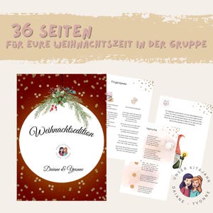 Może przedstawiać: Czerwone i złote tło z białym kołem w środku. Koło zawiera tekst "Weihnachtsedition" czarnymi literami. Pod kołem znajduje się tekst "Daiane & Yvonne" czarnymi literami. Obrazek jest otoczony złotym konfetti.