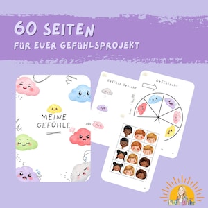 Könnte beinhalten: Ein Set Lernkarten mit dem Text "60 SEITEN FÜR EUER GEFÜHLSPROJEKT" und "MEINE GEFÜHLE". Die Karten zeigen Illustrationen von Cartoon-Wolken mit verschiedenen Gesichtsausdrücken und ein Emotionsrad.