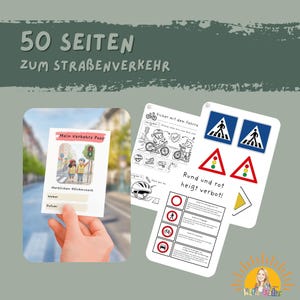 Könnte beinhalten: Lehrmaterialien zur Verkehrserziehung für Kinder. Das Bild zeigt ein Heft mit dem Text "Mein Verkehrs Pass" und Illustrationen, sowie Karten mit Verkehrszeichen und Fahrradsicherheitstipps. Der Text "50 SEITEN ZUM STRABENVERKEHR" befindet sich oben.
