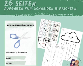 Può includere: Fogli di attività educative per bambini, con esercizi di taglio e tracciamento. I fogli includono illustrazioni di forbici, dadi e una nuvola. Il testo in tedesco include "26 Seiten" e "Mein Scherenführerschein".