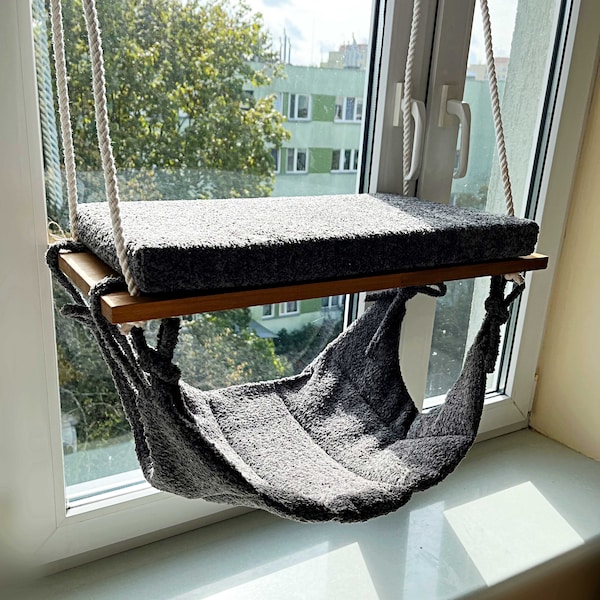 Percha de ventana para gatos ''Roble claro'', Hamaca para gatos, Estantes para gatos, Árbol para gatos, Torre para gatos, Muebles minimalistas para mascotas