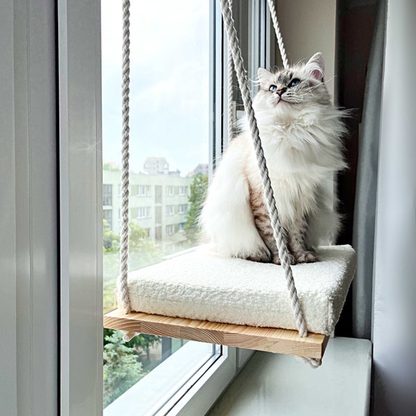 Cat Window Perch, Cat hammock, Cat window bed, Wood cat shelves, Minimalistic pet furniture