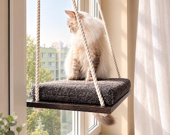 Cat Window Perch, Cat hammock, Black wenge, Cat window bed, Wood cat shelves, Minimalistic pet furniture