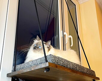 Cat Window Perch ''Black wenge'', Cat hammock, 4 SIZES, Cat window bed, Wood cat shelves, Minimalistic pet furniture