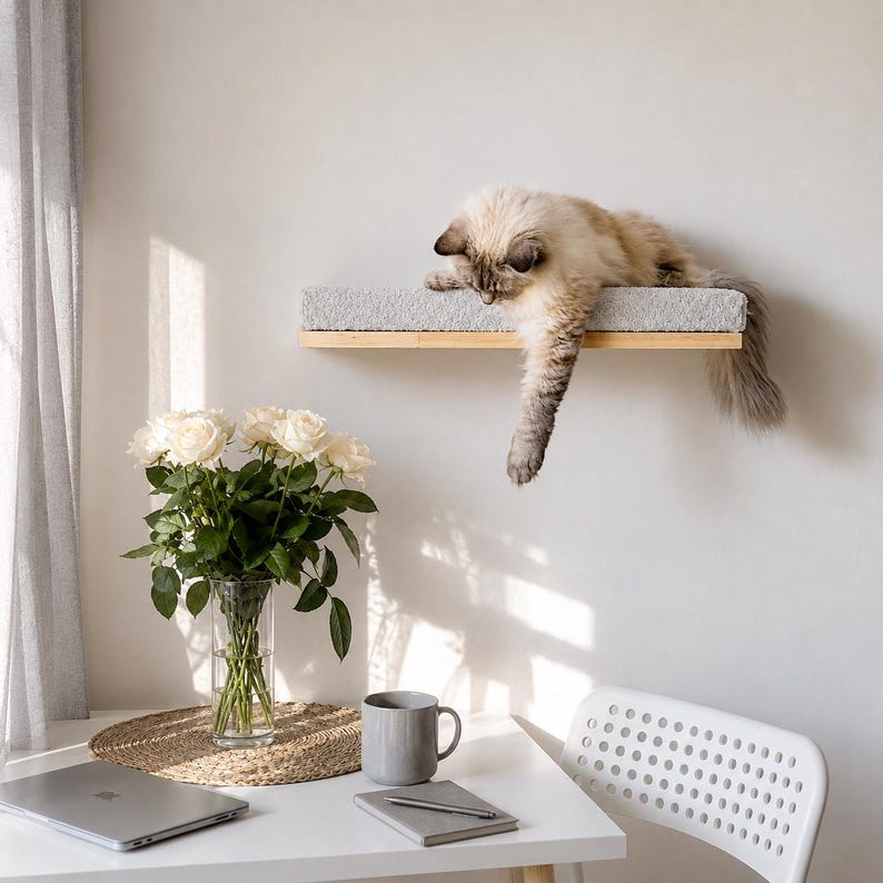 Soft Grey Cat Wall Shelf, Minimalist Wood Cat Bed image 2