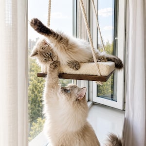 Cat Window Perch ''Italian walnut'', Cat hammock, 4 SIZES, Cat window bed, Wood cat shelves, Minimalistic pet furniture image 18