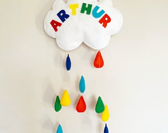 Felt rain cloud mobile, Rainbow drop cloud wall hanging, Custom name banner