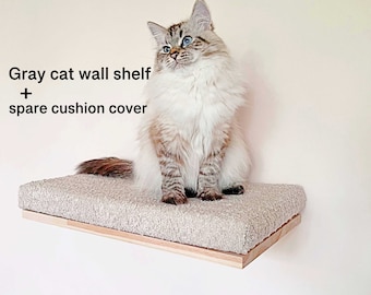 Soft gray cat wall shelf with spare cushion cover, Cat bed, Minimalistic pet furniture