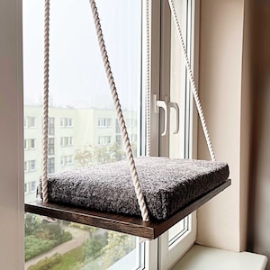 Katzenfensterstange, Katzenhängematte, Schwarze Wenge, Katzenfensterbett, Holzkatzenregale, Minimalistische Haustiermöbel