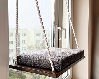 Katzenfensterstange, Katzenhängematte, Schwarze Wenge, Katzenfensterbett, Holzkatzenregale, Minimalistische Haustiermöbel