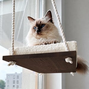 Cat Window Perch ''Italian walnut'', Cat hammock, 4 SIZES, Cat window bed, Wood cat shelves, Minimalistic pet furniture image 4