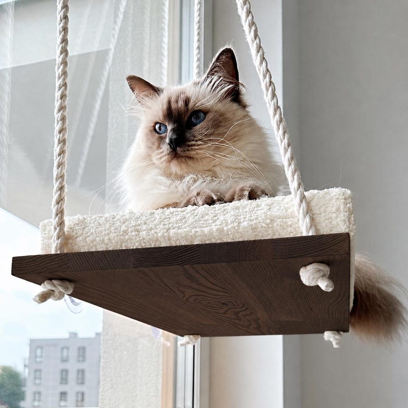 Cat Window Perch ''Italian walnut'', Cat hammock, 4 SIZES, Cat window bed, Wood cat shelves, Minimalistic pet furniture image 4