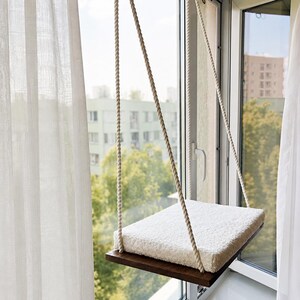 Cat Window Perch ''Italian walnut'', Cat hammock, 4 SIZES, Cat window bed, Wood cat shelves, Minimalistic pet furniture image 19