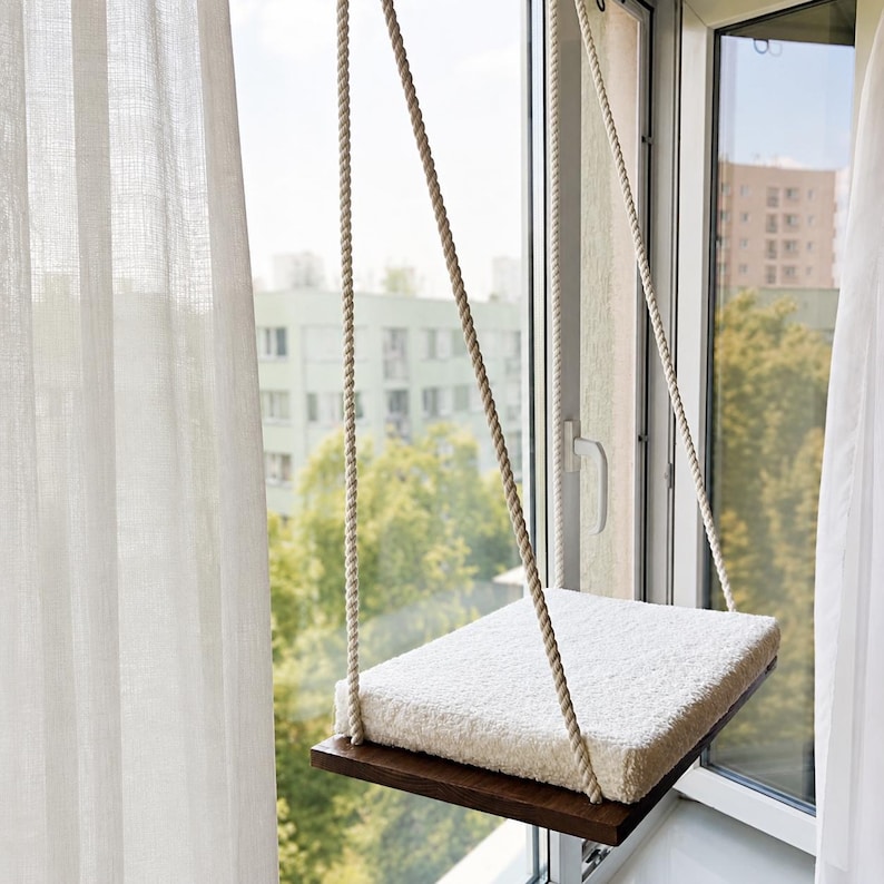 Cat Window Perch ''Italian walnut'', Cat hammock, 4 SIZES, Cat window bed, Wood cat shelves, Minimalistic pet furniture image 19