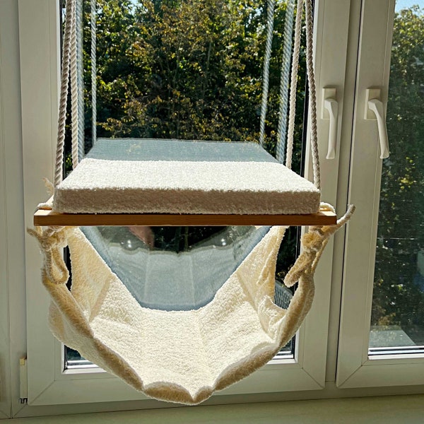 Cat Window Perch, Cat tree, Beige cat hammock, Cat shelves, Cat tower, Minimalistic pet furniture