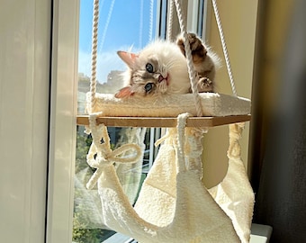 Hanging Cat Window Perch with Hammock, Minimalist Pine Shelf