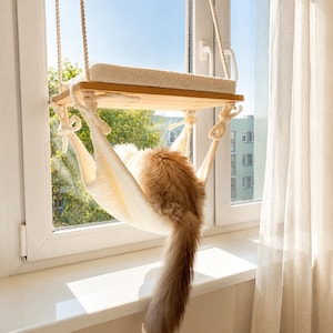 Cat Window Perch, Cat tree, Beige cat hammock, Cat shelves, Cat tower, Minimalistic pet furniture