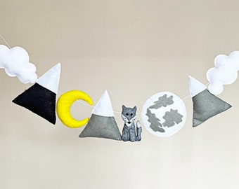 Handmade felt mountains garland, Mountains bunting with Wolf, Moon, Star, Earth,  Nursery Forest banner, Forest animals Wall Hanging,