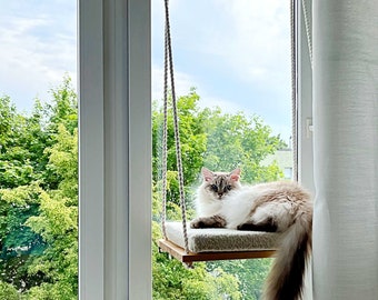 Soft cat window perch, Cat hammock, Cat window bed, Wood cat shelves, Minimalistic pet furniture