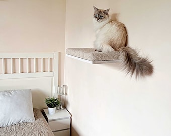 White/Cappuccino cat wall shelf, Soft cat bed, Minimalistic pet furniture