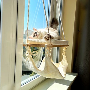 Cat Window Perch, Cat hammock, Cat window bed, Wood cat shelves, Minimalistic pet furniture, 19.6&#39;&#39; (50cm)/12.3&#39;&#39; (31 cm)