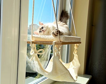 Cat Window Perch, Cat hammock, Cat window bed, Wood cat shelves, Minimalistic pet furniture, 19.6'' (50cm)/12.3'' (31 cm)