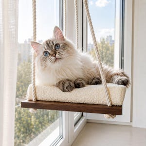 Cat Window Perch ''Italian walnut'', Cat hammock, 4 SIZES, Cat window bed, Wood cat shelves, Minimalistic pet furniture image 14