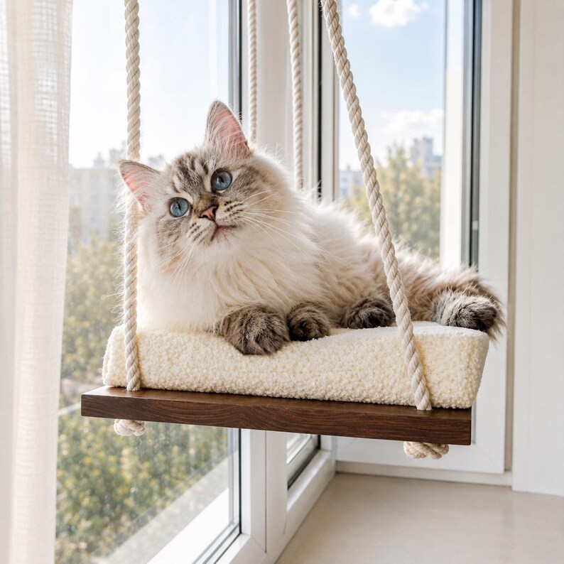 Cat Window Perch ''Italian walnut'', Cat hammock, 4 SIZES, Cat window bed, Wood cat shelves, Minimalistic pet furniture image 14