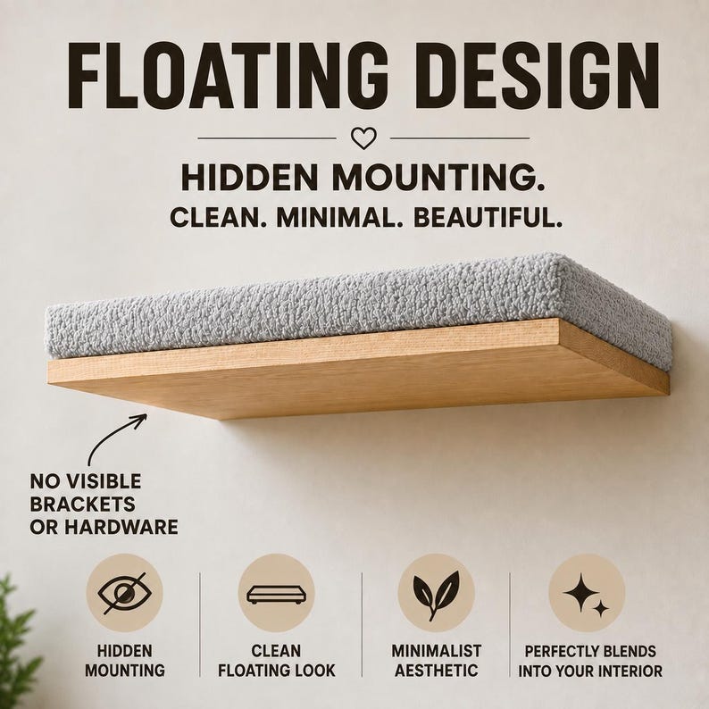 Soft Grey Cat Wall Shelf, Minimalist Wood Cat Bed image 5