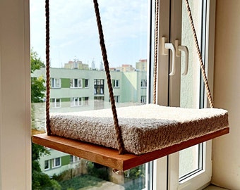 Cat Window Perch ''Roble claro'', Hamaca para gatos, Cama con ventana para gatos, Estantes de madera para gatos, Muebles minimalistas para mascotas