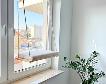 Träfönsterpinne för katt, borrfri katthängmatta, stor fönsterstol för katt, väggmonterad kattsäng, minimalistiska handgjorda kattmöbler