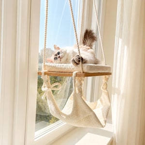 Cat Window Perch, Cat hammock, Cat window bed, Wood cat shelves, Minimalistic pet furniture, 19.6'' (50cm)/12.3'' (31 cm)
