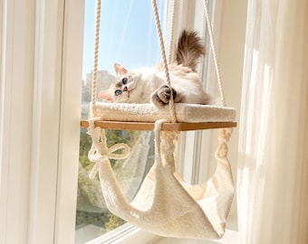Cat Window Perch, Cat hammock, Cat window bed, Wood cat shelves, Minimalistic pet furniture, 19.6'' (50cm)/12.3'' (31 cm)