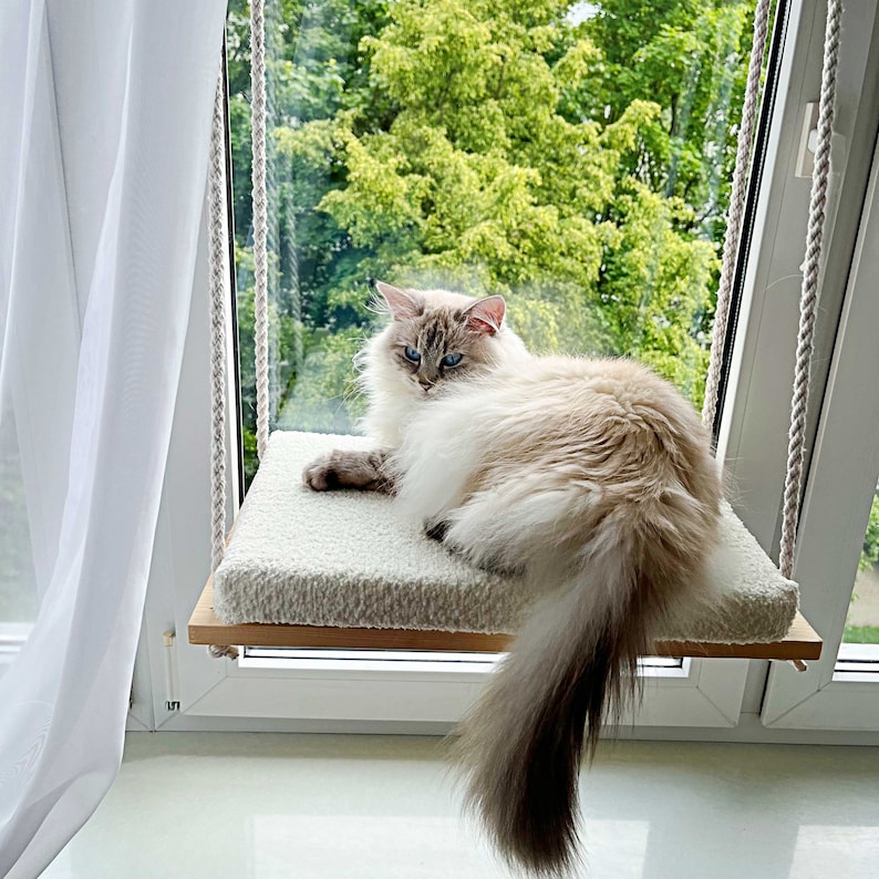 Cat Window Perch, Cat hammock, Cat window bed, Wood cat shelves, Minimalistic pet furniture image 2