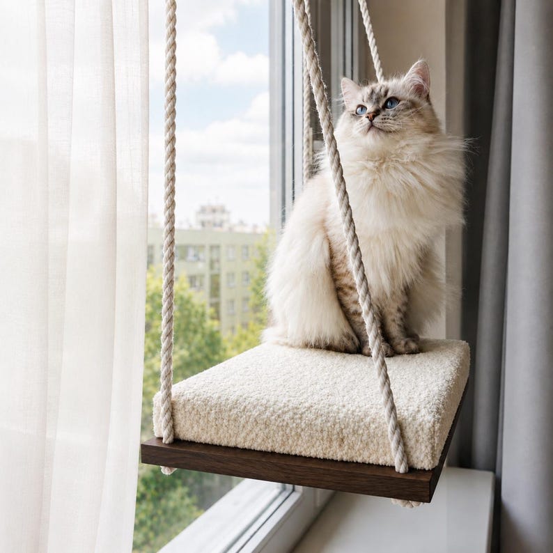 Cat Window Perch ''Italian walnut'', Cat hammock, 4 SIZES, Cat window bed, Wood cat shelves, Minimalistic pet furniture image 10