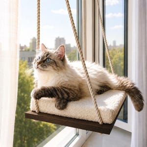 Cat Window Perch ''Italian walnut'', Cat hammock, 4 SIZES, Cat window bed, Wood cat shelves, Minimalistic pet furniture image 17