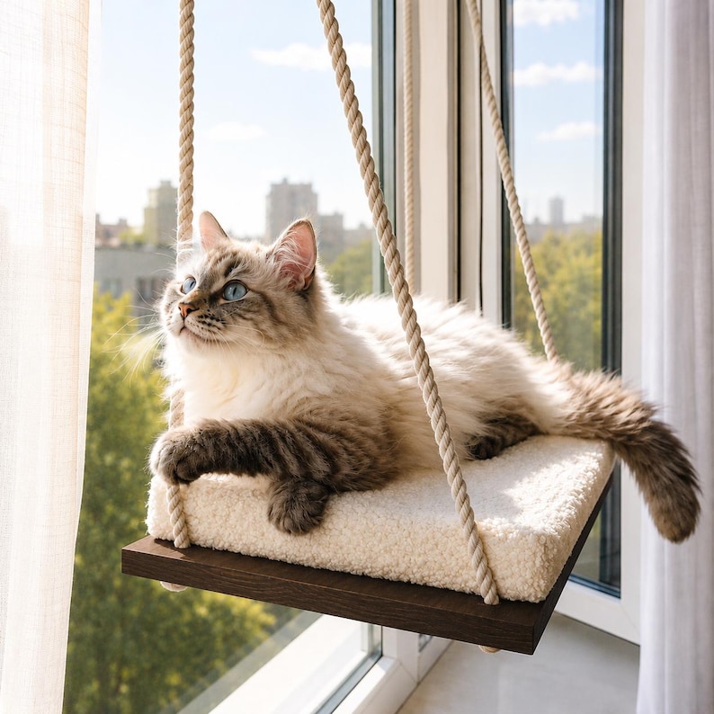 Cat Window Perch ''Italian walnut'', Cat hammock, 4 SIZES, Cat window bed, Wood cat shelves, Minimalistic pet furniture image 17