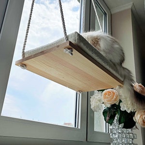 Cat Window Perch, Cat hammock, Cat window bed, Wood cat shelves, Minimalistic pet furniture image 3
