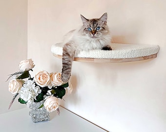 Beige cat wall shelf, Wood cat shelves, Cat bed, Minimalistic pet furniture