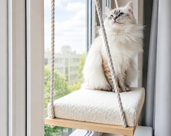 Cat Window Perch, Cat hammock, Cat window bed, Wood cat shelves, Minimalistic pet furniture