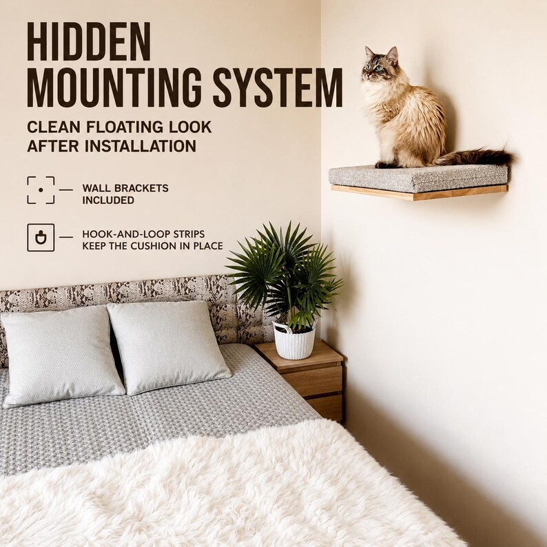 Soft Grey Cat Wall Shelf, Minimalist Wood Cat Bed image 8