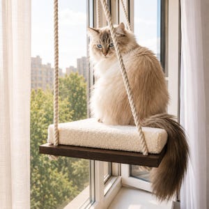Cat Window Perch ''Italian walnut'', Cat hammock, 4 SIZES, Cat window bed, Wood cat shelves, Minimalistic pet furniture image 1