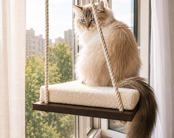 Cat Window Perch ''Italian walnut'',  Cat hammock, 4 SIZES, Cat window bed, Wood cat shelves, Minimalistic pet furniture